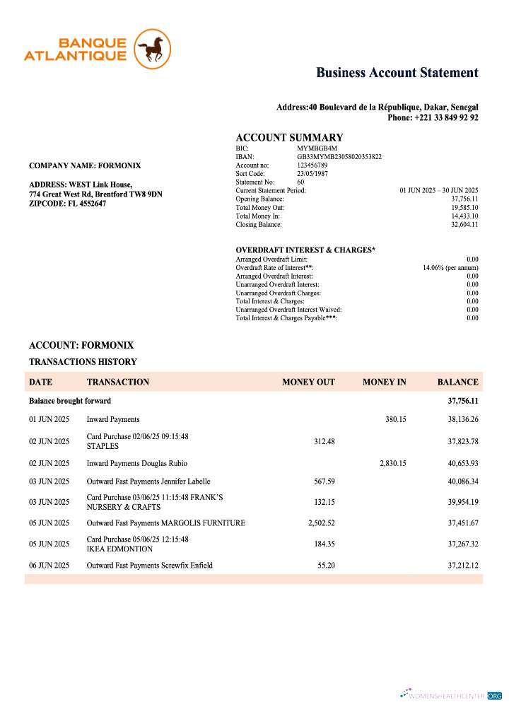 Senegal Banque Atlantique company checking account statement Word and PDF template